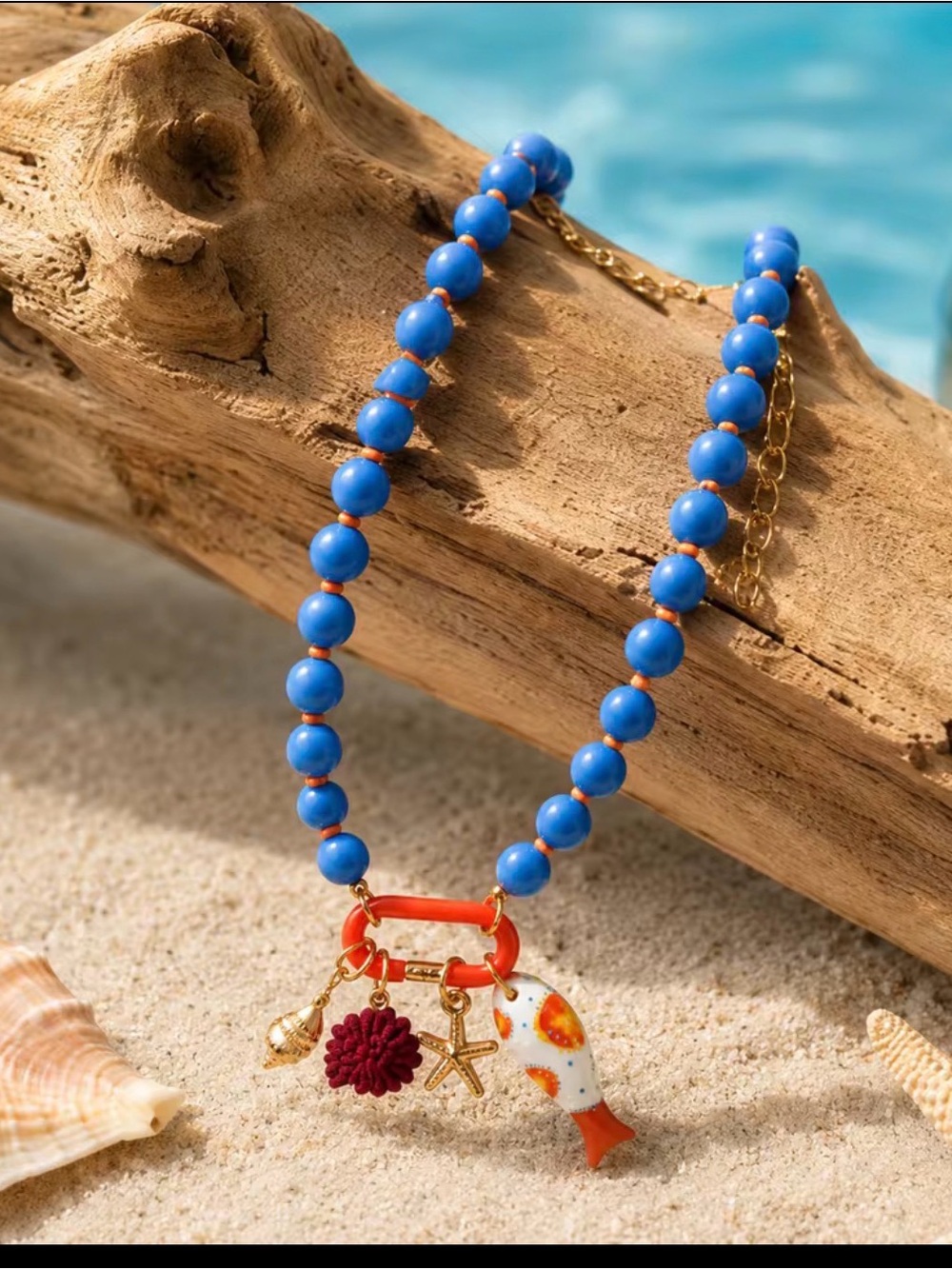 Blue Beaded Gorgeous Necklace with Orange Fish Charm